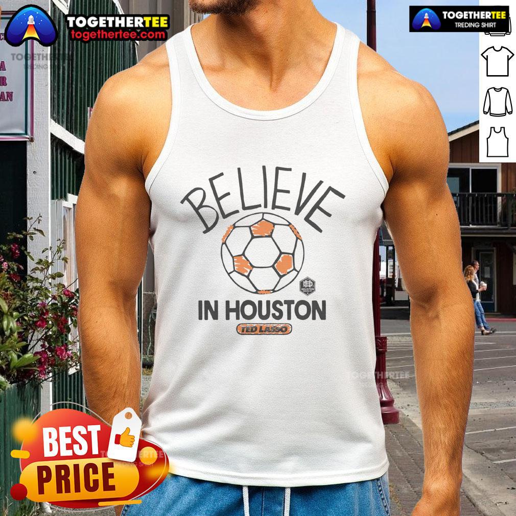 Premium Houston Dynamo FC homage tank top from MLS x Ted Lasso, featuring vibrant team colors and 'Believe' design.