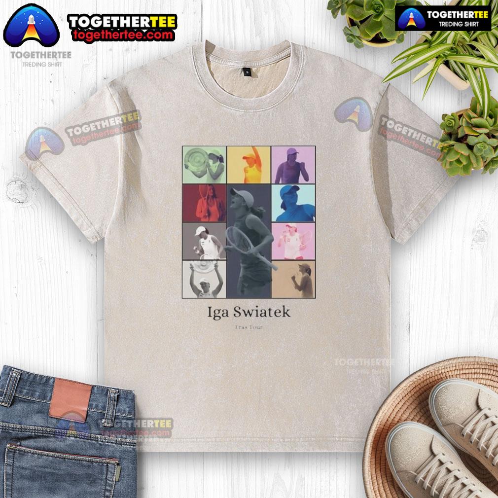 Premium Iga Swiatek Eras Tour player collage on a washed t-shirt, perfect for tennis lovers and fans of the sport.