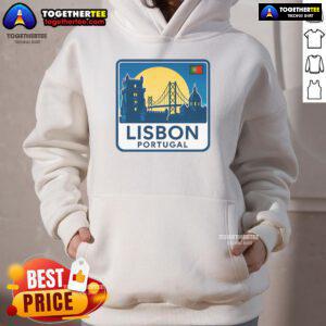 Alt Text: Stylish Premium Lisbon Portugal Retro Logo Hoodie in navy blue, perfect for casual wear and travel enthusiasts.
