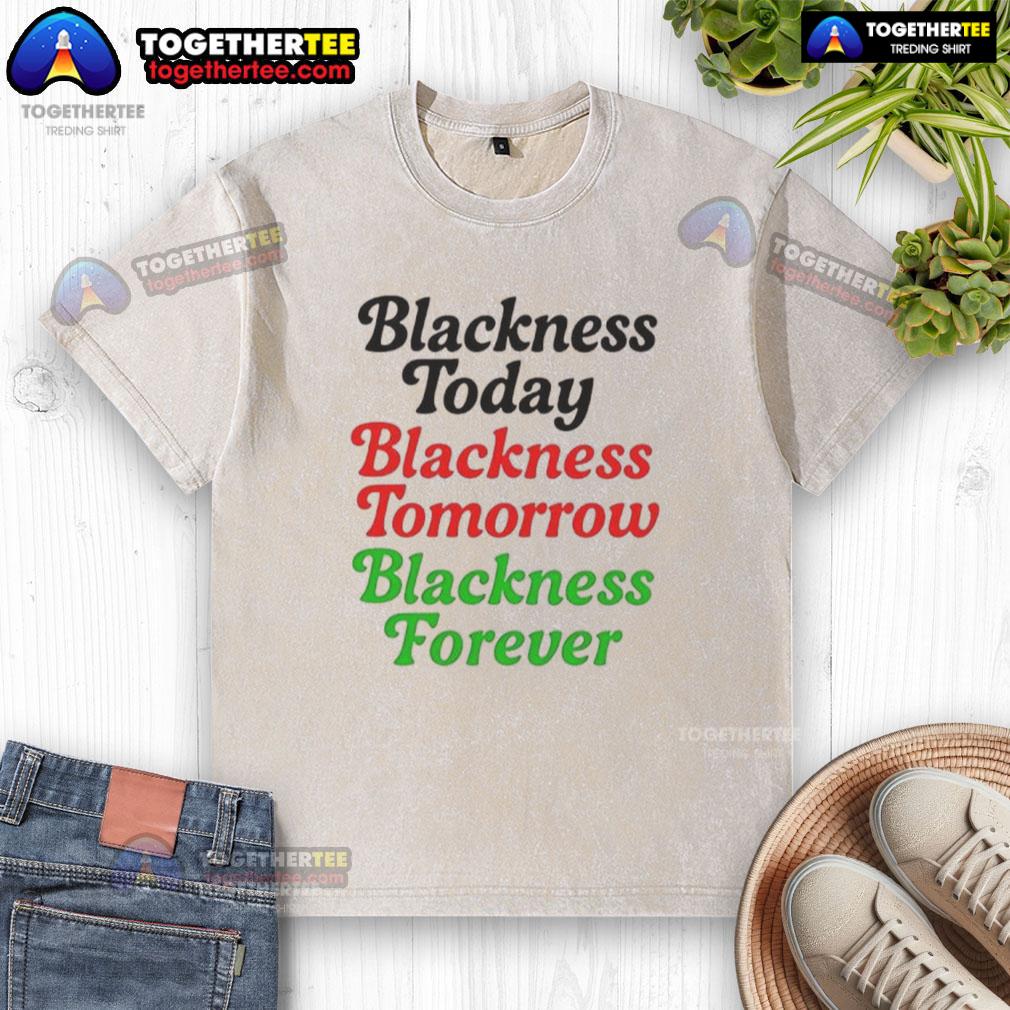 Premium Mayor M. Scott wearing 'Blackness Today, Blackness Tomorrow, Blackness Forever' washed t-shirt, promoting Black pride.
