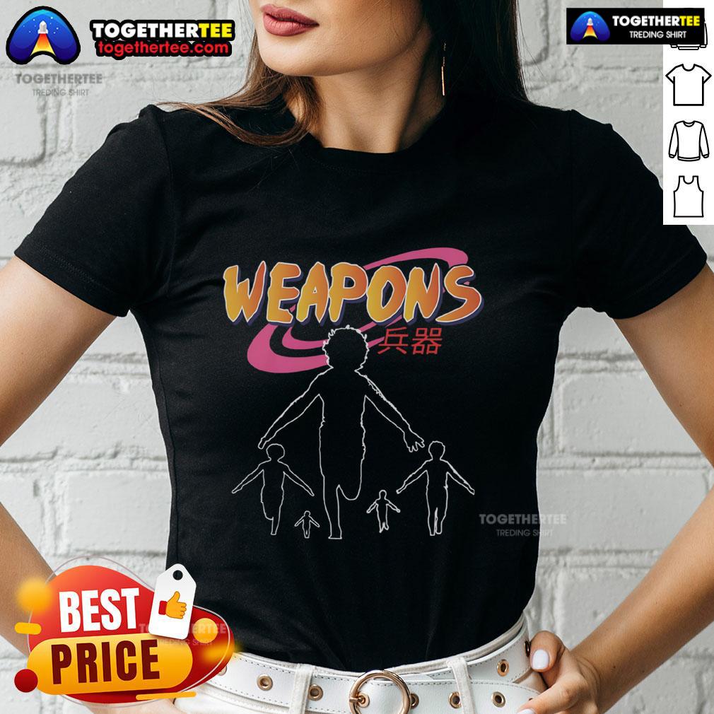Alt Text: Premium Naruto Weapons Tee featuring Japanese text and Naruto ninja run design for retro anime lovers.