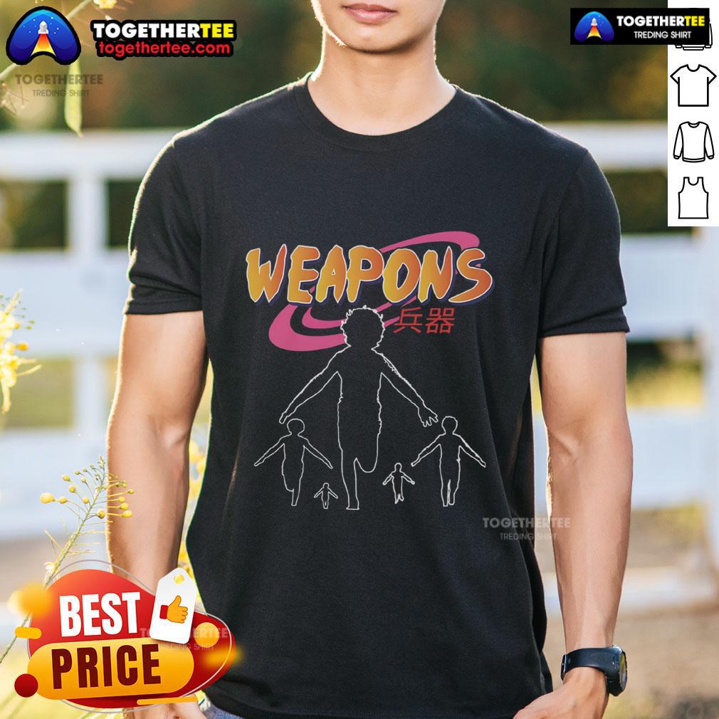 Premium Naruto Weapons T-Shirt featuring retro anime design and Japanese text, perfect for Naruto fans and collectors.