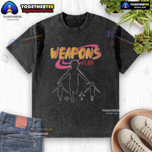 Premium Naruto Weapons T-shirt featuring Japanese text and Naruto ninja run design in a retro washed style.