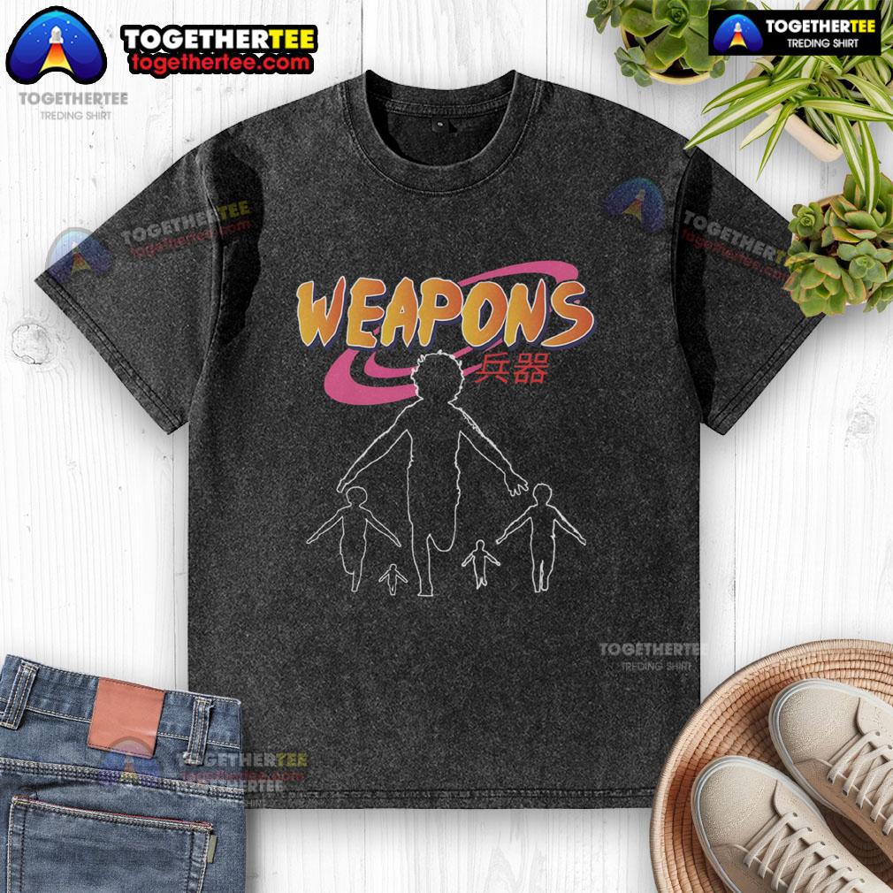 Premium Naruto Weapons T-shirt featuring Japanese text and Naruto ninja run design in a retro washed style.