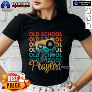 Premium retro old school playlist cassette tape graphic on vintage ladies tee, perfect for 80s and 90s music lovers.