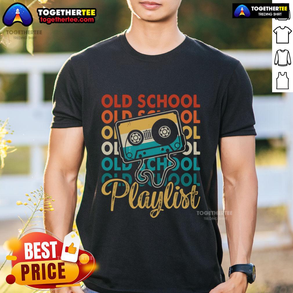 Premium Retro Old School Playlist Cassette Tape Music 80s 90s Vintage T-Shirt featuring nostalgic cassette design.
