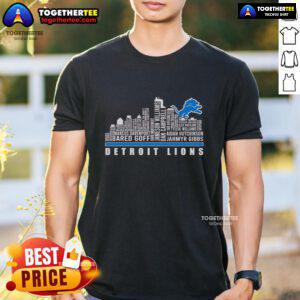 Alt Text: Premium Skyline City Detroit Lions Players Name T-Shirt featuring vibrant team colors and player graphics for fans.
