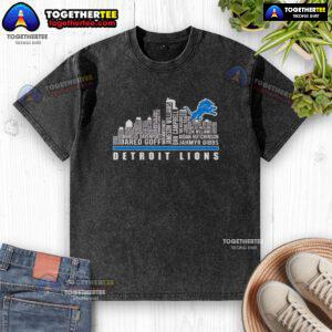 Premium Skyline Detroit Lions players name washed t-shirt featuring vibrant team colors and soft fabric design.