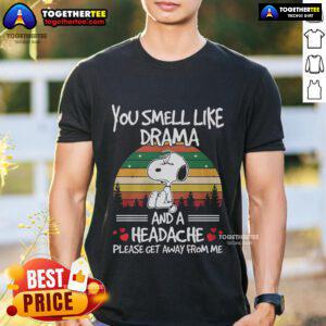 Premium Snoopy T-shirt featuring 'You Smell Like Drama And A Headache' design with a vintage sunset backdrop.