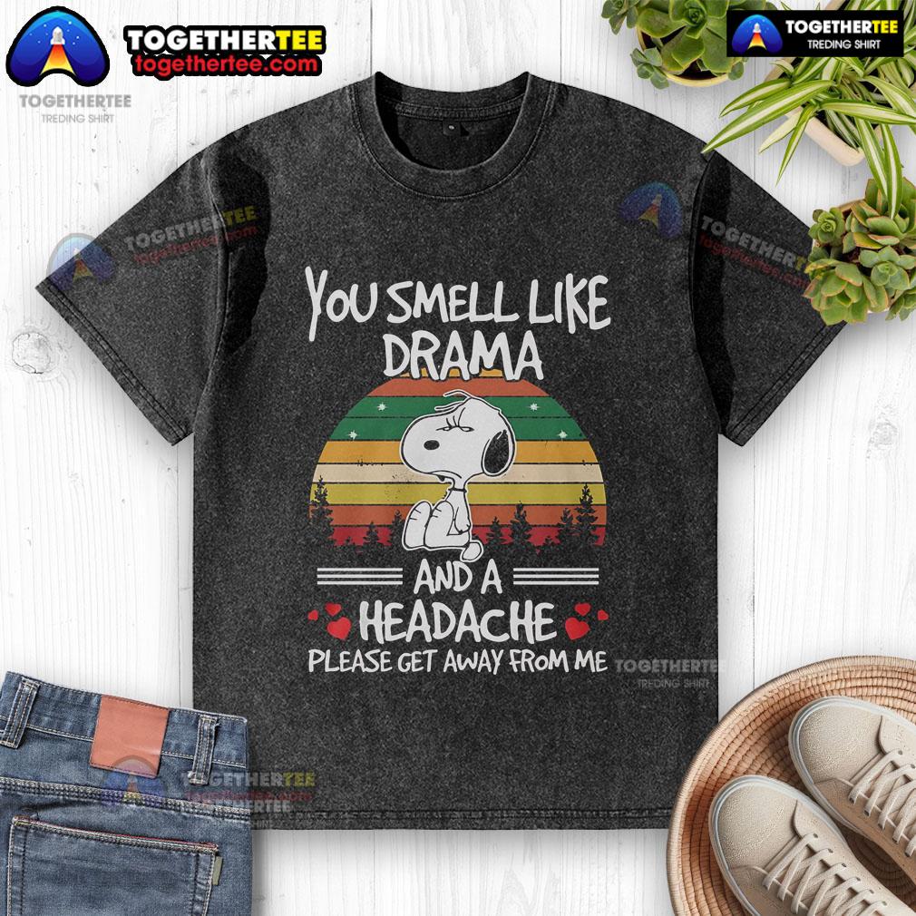 Premium Snoopy You Smell Like Drama And A Headache vintage sunset washed t-shirt design featuring playful graphics.