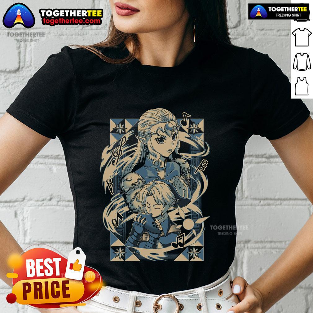 Premium The Legend of Zelda tee featuring Princess Zelda and Link playing ocarina in anime style design.