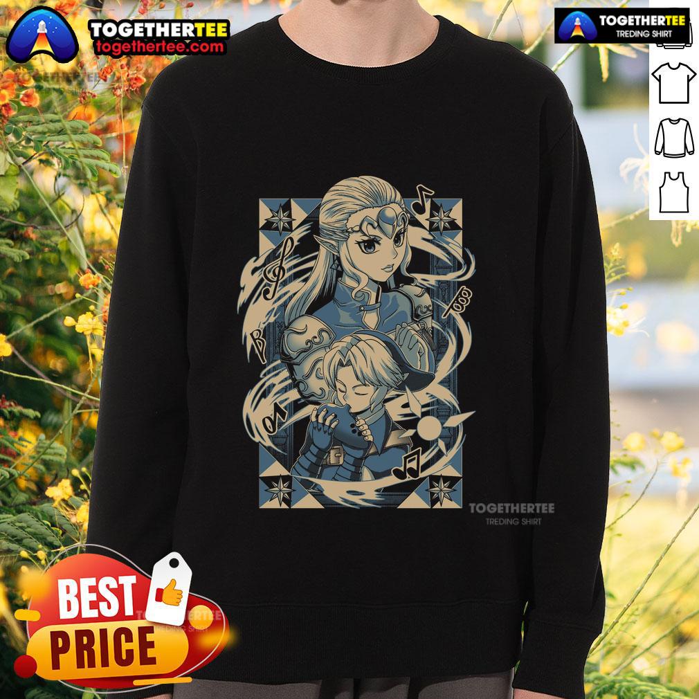 Premium The Legend of Zelda sweatshirt featuring Princess Zelda and Link playing ocarina in vibrant anime style.