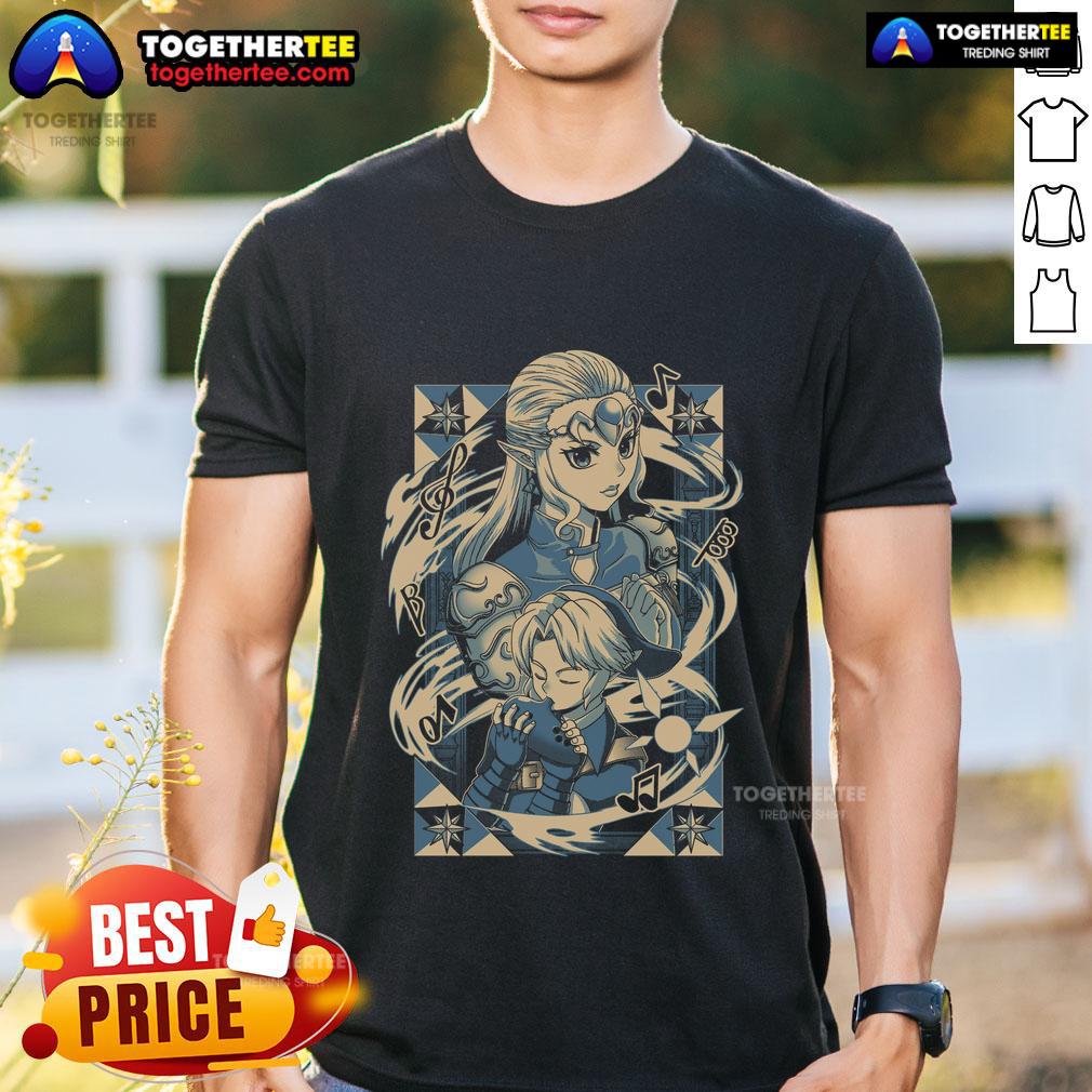 Premium The Legend Of Zelda t-shirt featuring Princess Zelda and Link playing ocarina in vibrant anime style design.