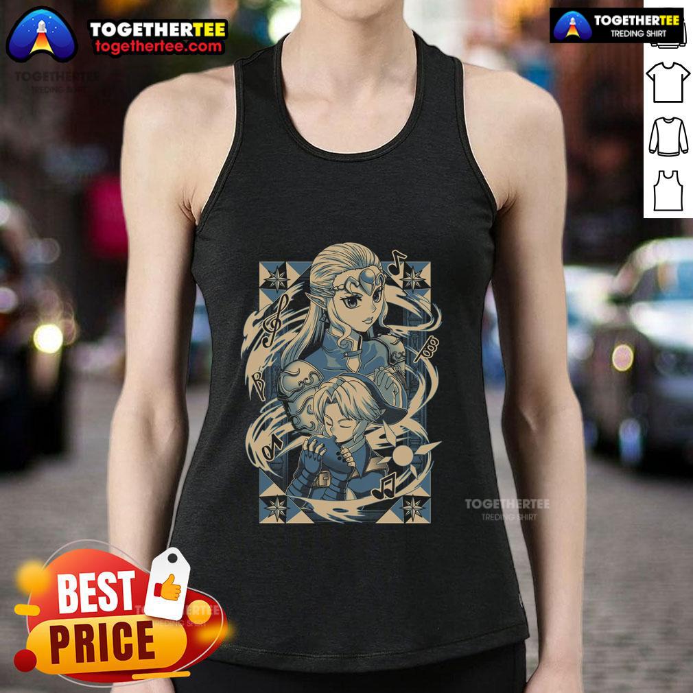 Anime tank top featuring Princess Zelda and Link playing the ocarina from The Legend of Zelda series.