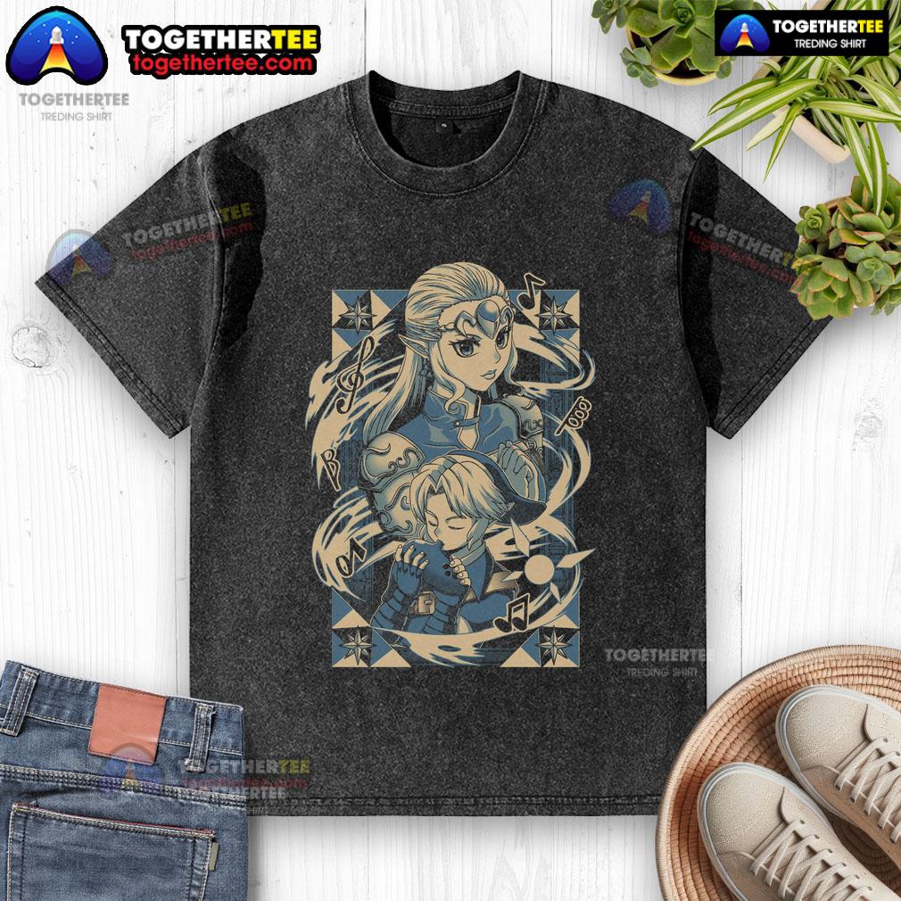 Premium The Legend of Zelda t-shirt featuring Princess Zelda and Link playing the ocarina in anime style.