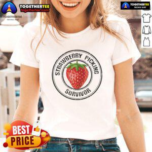 Alt Text: Pretty Strawberry Picking Survivor Ladies Tee featuring vibrant strawberry graphics and a stylish design.
