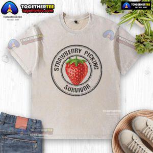 Alt Text: Pretty Strawberry Picking Survivor washed t-shirt featuring vibrant strawberry graphics, perfect for casual summer wear.