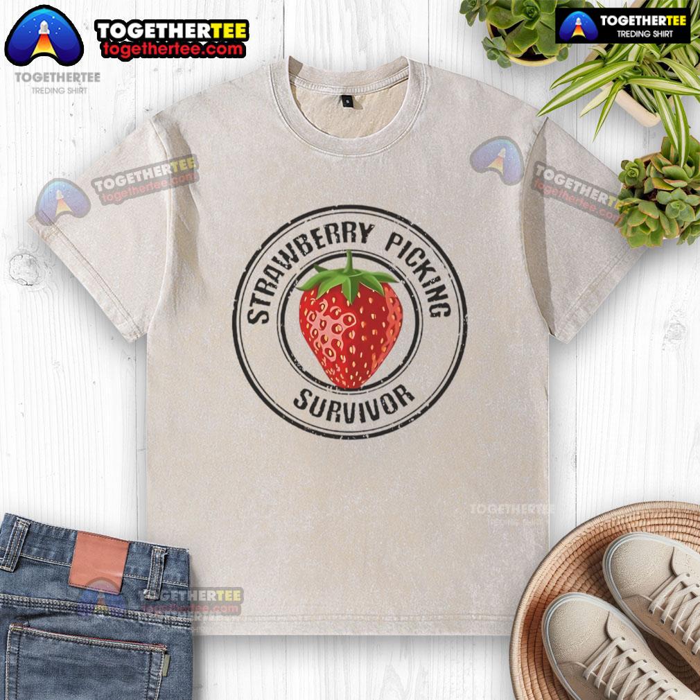 Alt Text: Pretty Strawberry Picking Survivor washed t-shirt featuring vibrant strawberry graphics, perfect for casual summer wear.