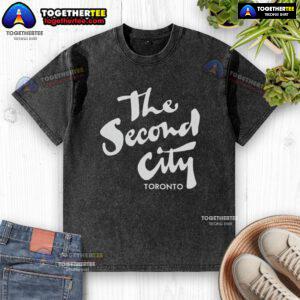 Pretty The Second City Toronto washed t-shirt displayed on a hanger, showcasing a trendy design and soft fabric.