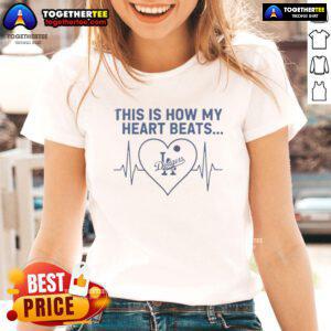 Alt Text: Los Angeles Dodgers ladies tee featuring 'This Is How My Heart Beats' design, perfect for passionate fans.