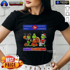 Awesome Canada Post X Grinch cosplay ladies tee perfect for Happy HalloThanksMas celebrations, featuring festive design.