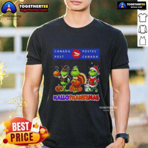 Alt Text: Awesome Canada Post X Grinch cosplay T-shirt for Happy Hallothanksmas featuring festive design and vibrant colors.