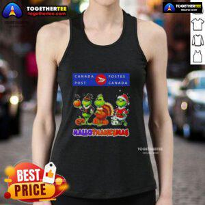 Awesome Canada Post X Grinch cosplay tank top for Happy HalloThanksMas featuring festive design and vibrant colors.