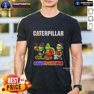 Alt Text: Awesome Cater Pillar X Grinch cosplay t-shirt for Hallothanksmas celebration, featuring colorful designs and festive themes.