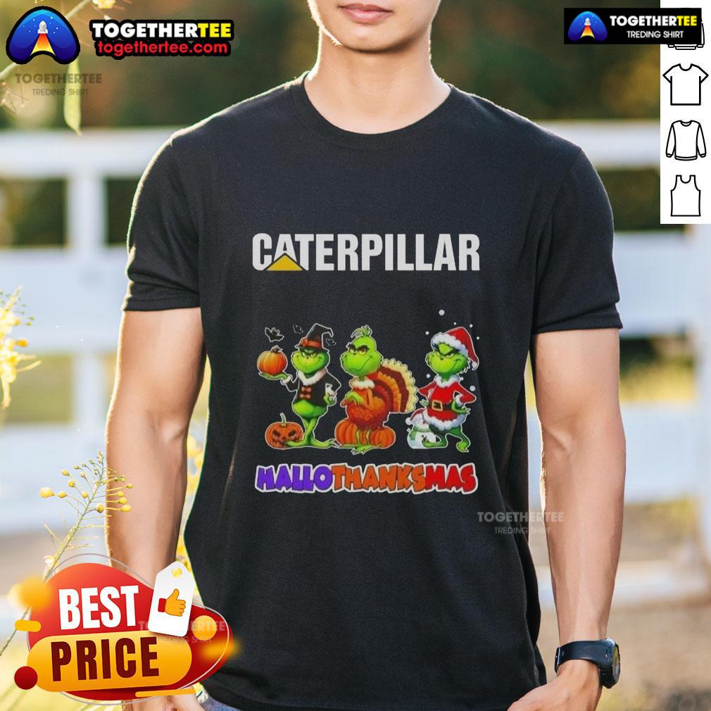 Alt Text: Awesome Cater Pillar X Grinch cosplay t-shirt for Hallothanksmas celebration, featuring colorful designs and festive themes.
