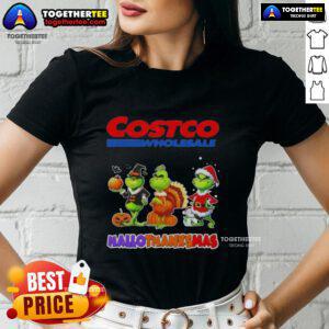 Happy HalloThanksMas ladies tee featuring X Grinch cosplay design from Costco Wholesale, perfect for festive celebrations.