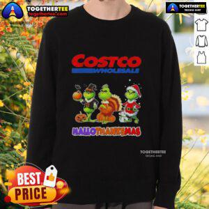 Awesome Costco Wholesale X Grinch cosplay sweatshirt for Happy HalloThanksMas featuring festive design and vibrant colors.