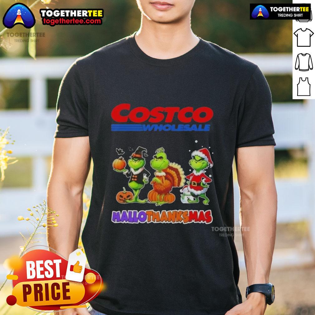 Alt Text: Awesome Costco Wholesale X Grinch Cosplay Happy Hallothanksmas T-Shirt featuring festive design and vibrant colors.