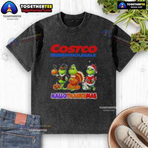 Awesome Costco Wholesale X Grinch Cosplay Happy HalloThanksMas washed t-shirt featuring vibrant Grinch design.