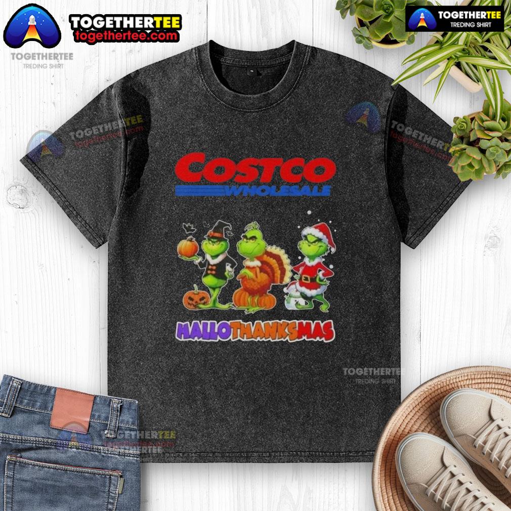 Awesome Costco Wholesale X Grinch Cosplay Happy HalloThanksMas washed t-shirt featuring vibrant Grinch design.