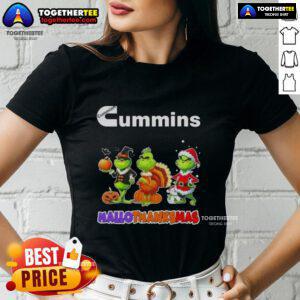 Awesome Cummins X Grinch cosplay on a happy HalloThanksMas ladies tee, featuring festive colors and cheerful design.