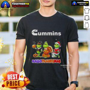 Awesome Cummins X Grinch cosplay T-shirt for Happy Hallothanksmas featuring a festive design and vibrant colors.