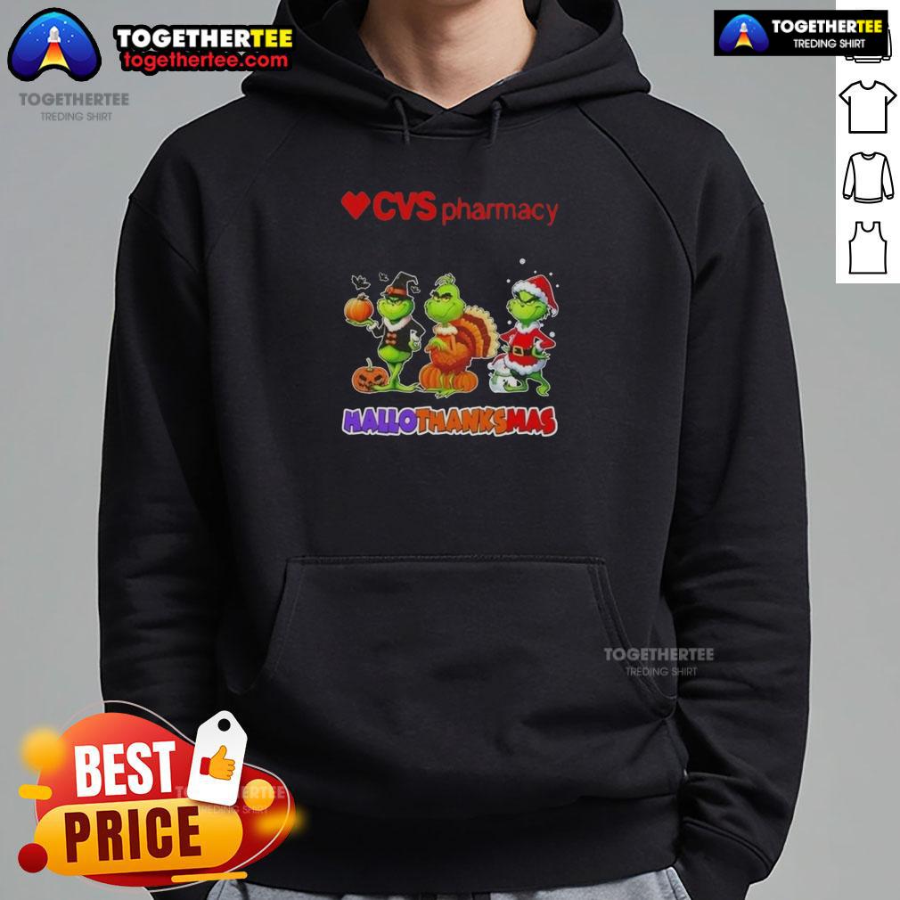 Awesome Cvsharmacy X Grinch Cosplay Happy HalloThanksMas Hoodie featuring festive graphics and a cozy design.