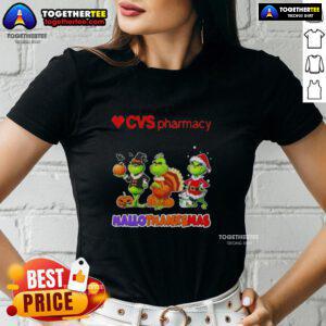 Awesome Cvsharmacy X Grinch cosplay ladies tee for Happy HalloThanksMas celebration, featuring festive designs and vibrant colors.
