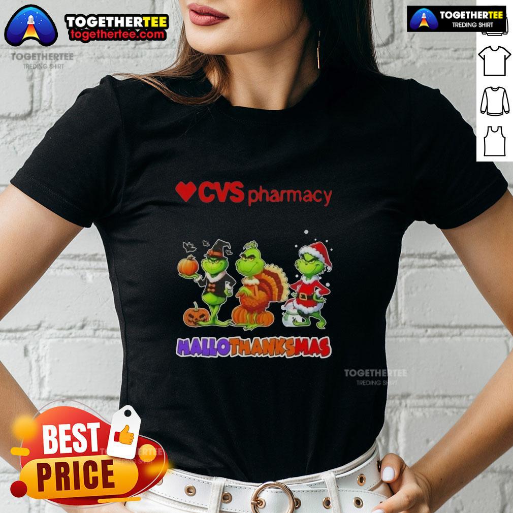 Awesome Cvsharmacy X Grinch cosplay ladies tee for Happy HalloThanksMas celebration, featuring festive designs and vibrant colors.