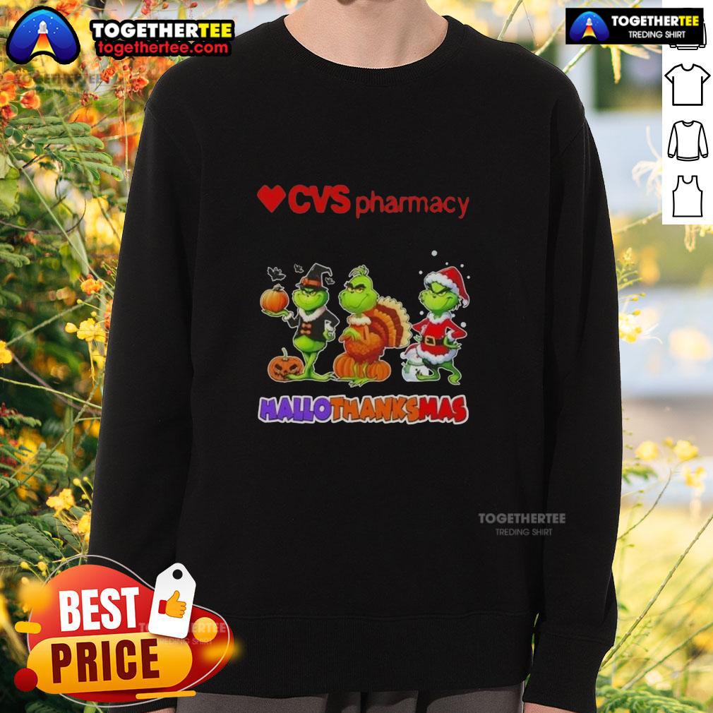Awesome Cvsharmacy X Grinch Cosplay Happy HalloThanksMas Sweatshirt featuring festive design and cozy fit for the holidays.