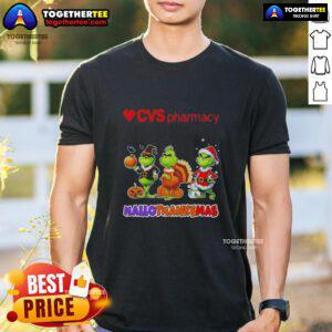 Awesome Cvsharmacy X Grinch Cosplay Happy Hallothanksmas T-Shirt featuring festive design for holiday celebrations.