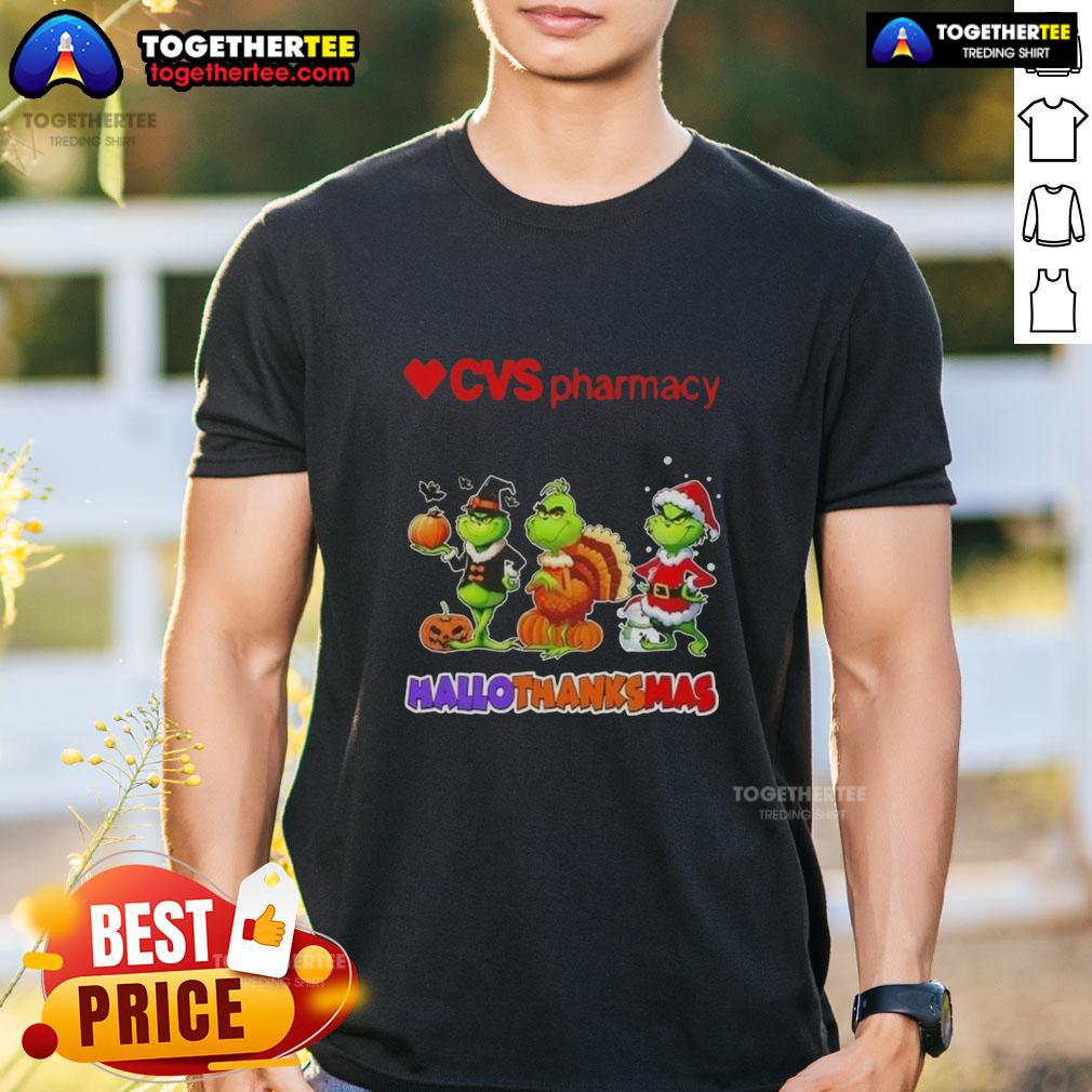 Awesome Cvsharmacy X Grinch Cosplay Happy Hallothanksmas T-Shirt featuring festive design for holiday celebrations.