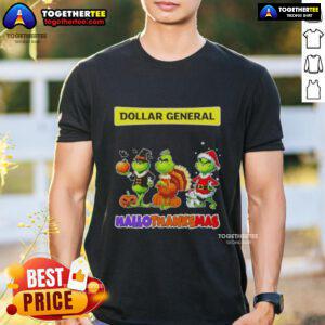 Alt Text: Awesome Dollar General x Grinch Cosplay Happy Hallothanksmas T-Shirt featuring festive design and vibrant colors.