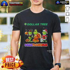 Awesome Dollar Tree X Grinch Cosplay T-Shirt for Hallothanksmas, featuring vibrant graphics and festive design.