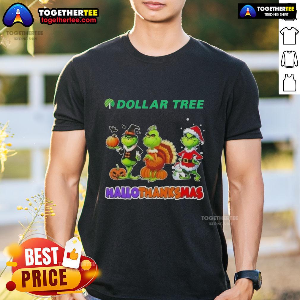 Awesome Dollar Tree X Grinch Cosplay T-Shirt for Hallothanksmas, featuring vibrant graphics and festive design.