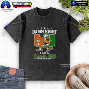 Alt Text: Miami Hurricanes mascot on a washed t-shirt, perfect for any Canes fan, win or lose. Awesome Miami Hurricanes gear.