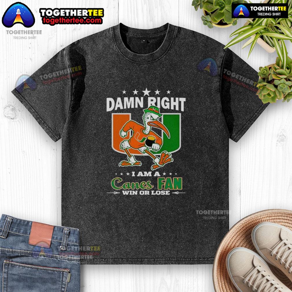 Alt Text: Miami Hurricanes mascot on a washed t-shirt, perfect for any Canes fan, win or lose. Awesome Miami Hurricanes gear.