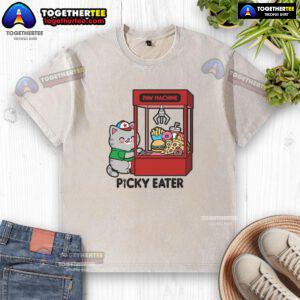 Cute cat paw design on a washed t-shirt perfect for picky eaters and cat lovers, showcasing playful feline charm.