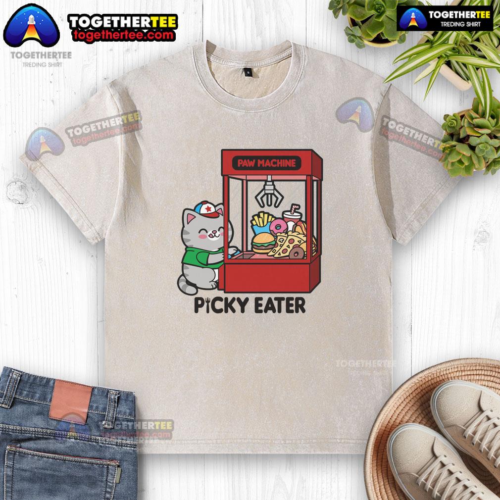 Cute cat paw design on a washed t-shirt perfect for picky eaters and cat lovers, showcasing playful feline charm.