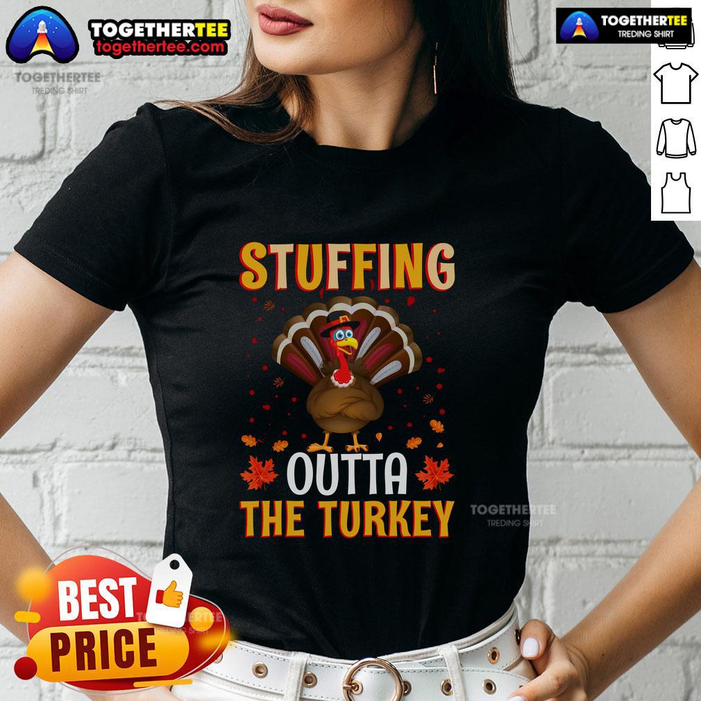 Funny Thanksgiving ladies tee featuring humorous turkey stuffing design, perfect for holiday gatherings and festive celebrations.